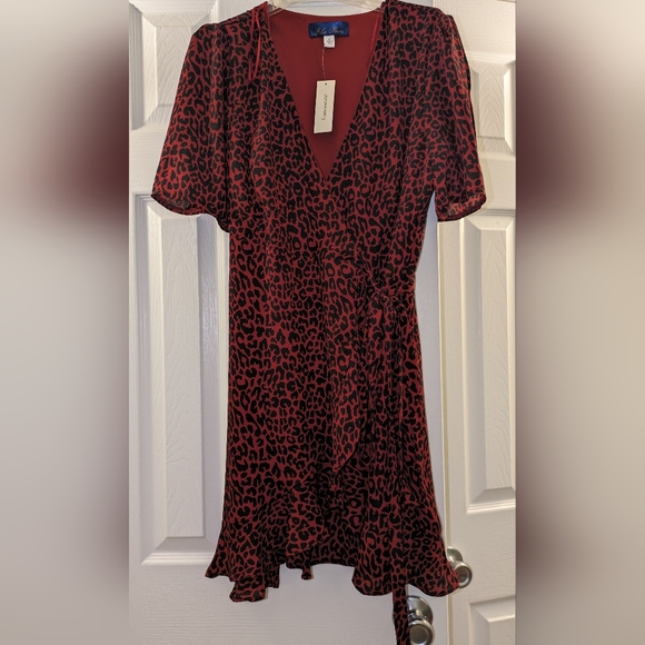 NWT Francesca's Collections Red Leopard Print Wrap Dress SZ Large - Picture 1 of 2